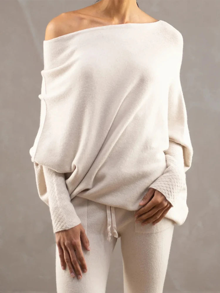 2025 Autumn And Winter New Women's Ribbed Knit Jumper Set Head Casual Bat Sleeve Round Neck Simple Versatile Knitwear Jumper