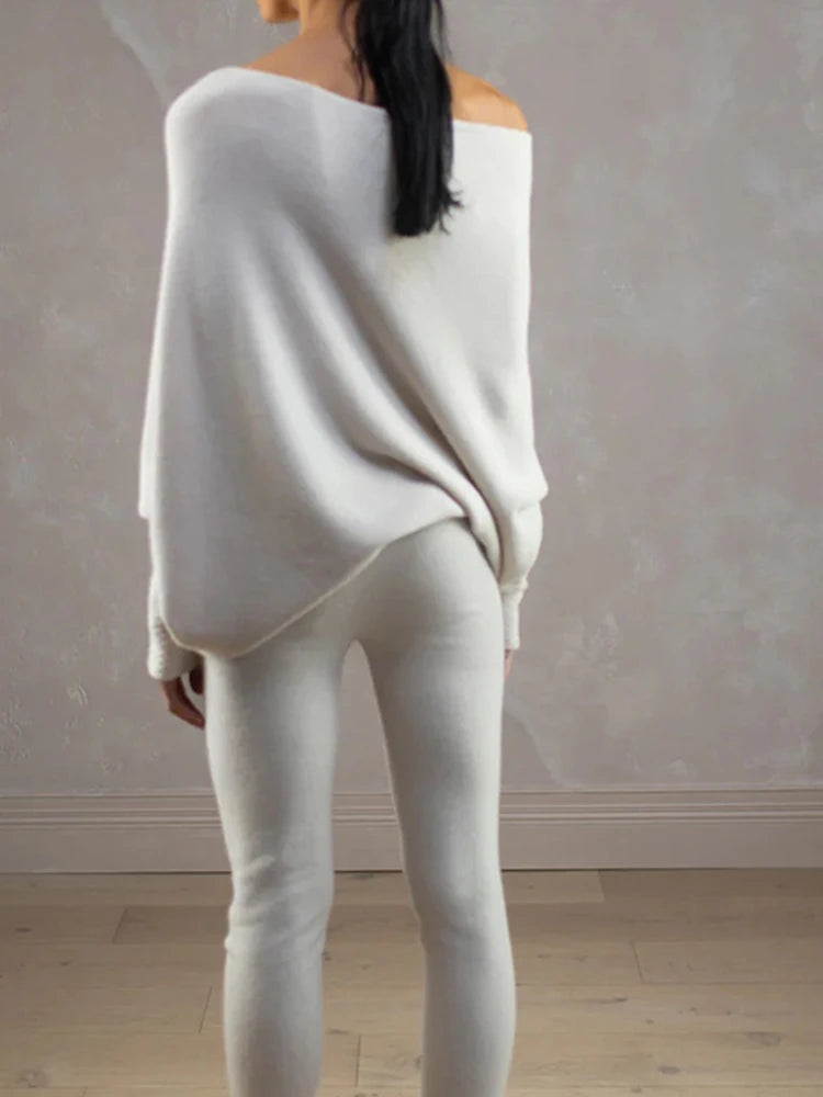 2025 Autumn And Winter New Women's Ribbed Knit Jumper Set Head Casual Bat Sleeve Round Neck Simple Versatile Knitwear Jumper