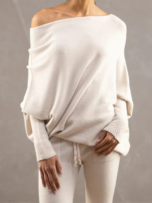 2025 Autumn And Winter New Women's Ribbed Knit Jumper Set Head Casual Bat Sleeve Round Neck Simple Versatile Knitwear Jumper